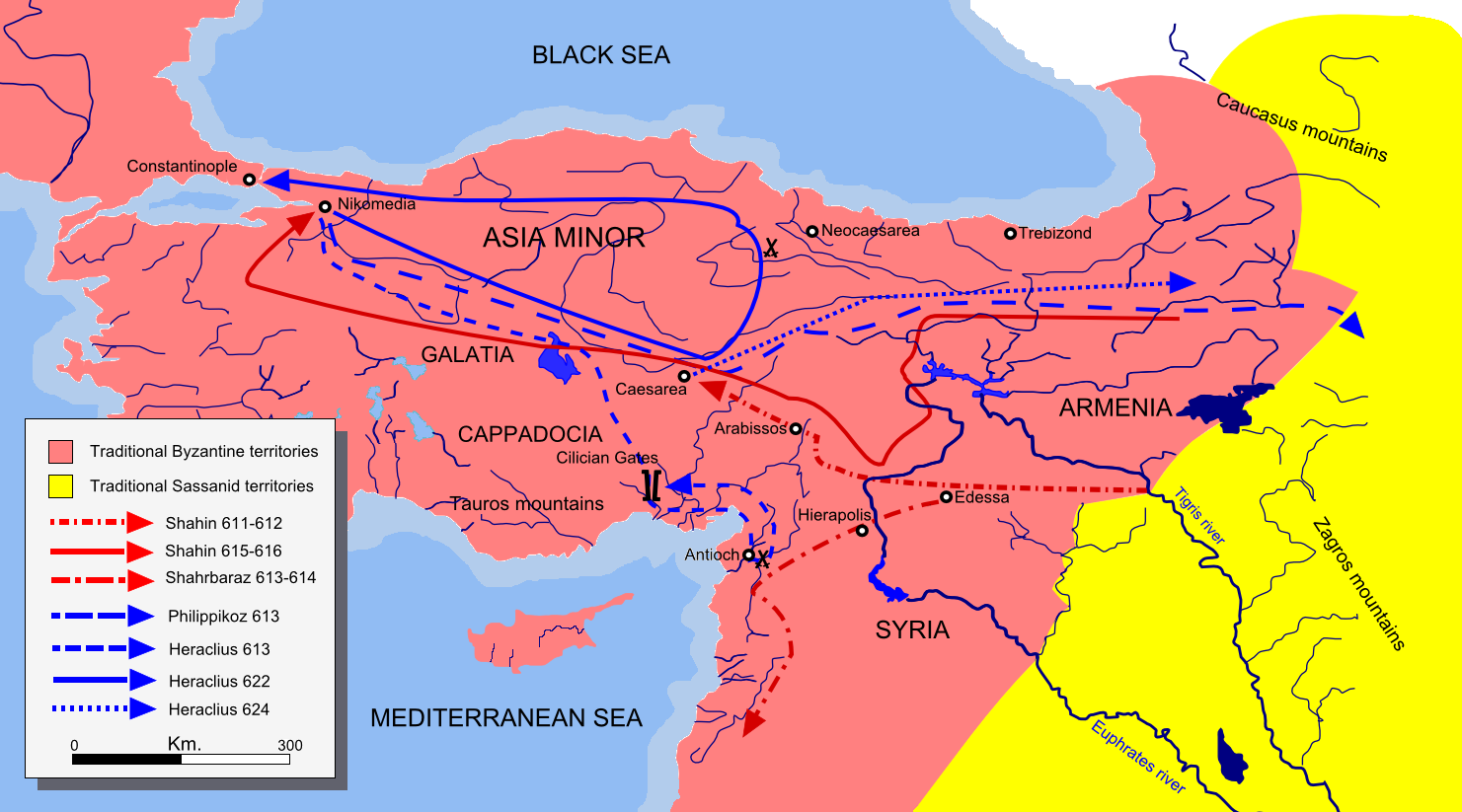 A map showing the Byzantine-Sasanian War campaigns.