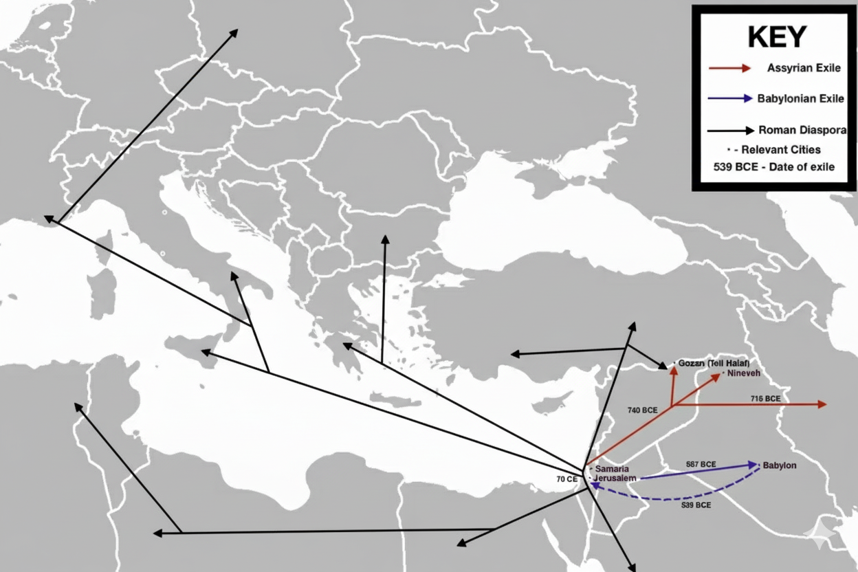 An artistic representation of Jewish exiles, symbolizing the diaspora.